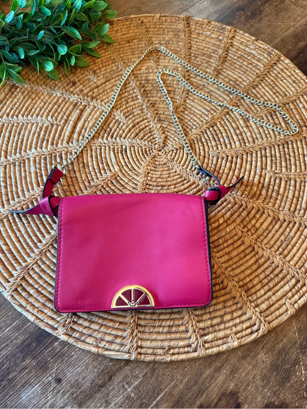 ZARA Hot Pink Crossbody/Shoulder Bag with Gold Chain & Gold Accent Fruit Emblem